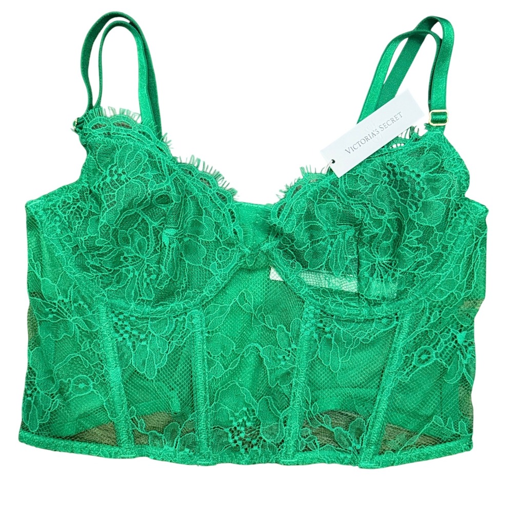 Victoria's Secret Corset Bustier‎ Bra Top Green Lace Wire Underwire S Romantic